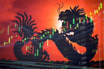 Aktienkurs vor einem chinesischen Drachen